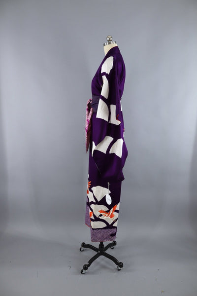 Vintage Silk Kimono Robe / Purple Flying Cranes - ThisBlueBird
