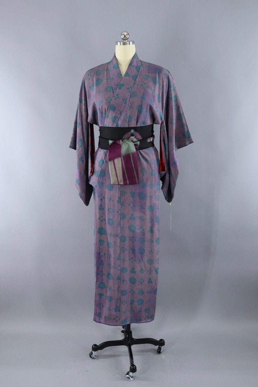 Vintage Silk Kimono Robe / Purple Stripes - ThisBlueBird