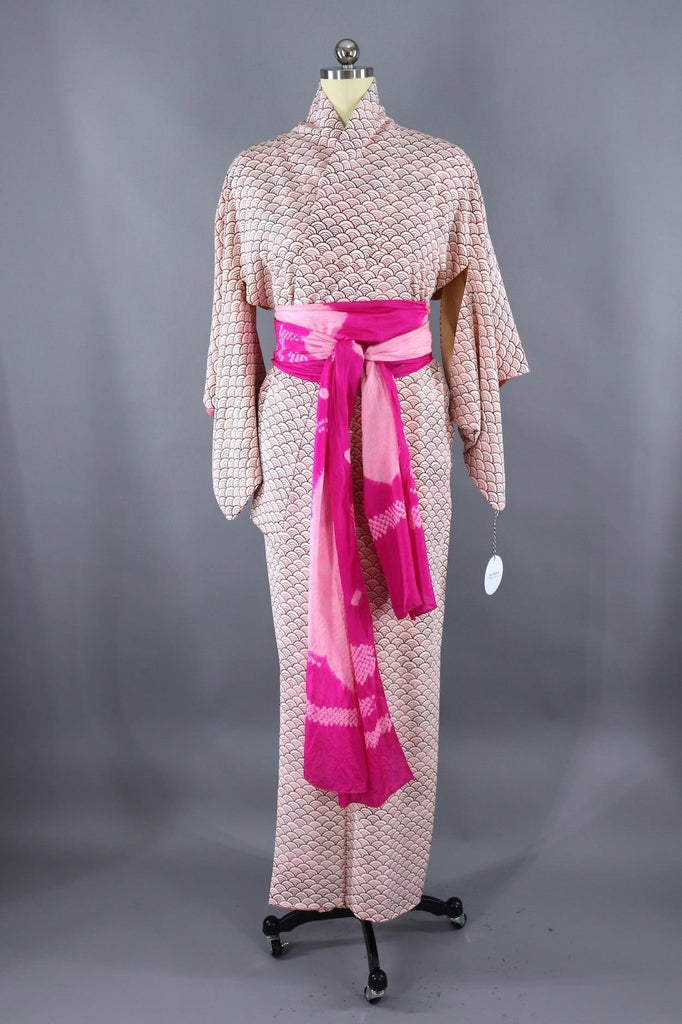 Vintage Silk Kimono Robe / Red and Pink Segaiha - ThisBlueBird