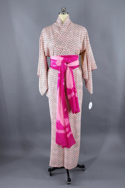 Vintage Silk Kimono Robe / Red and Pink Segaiha - ThisBlueBird