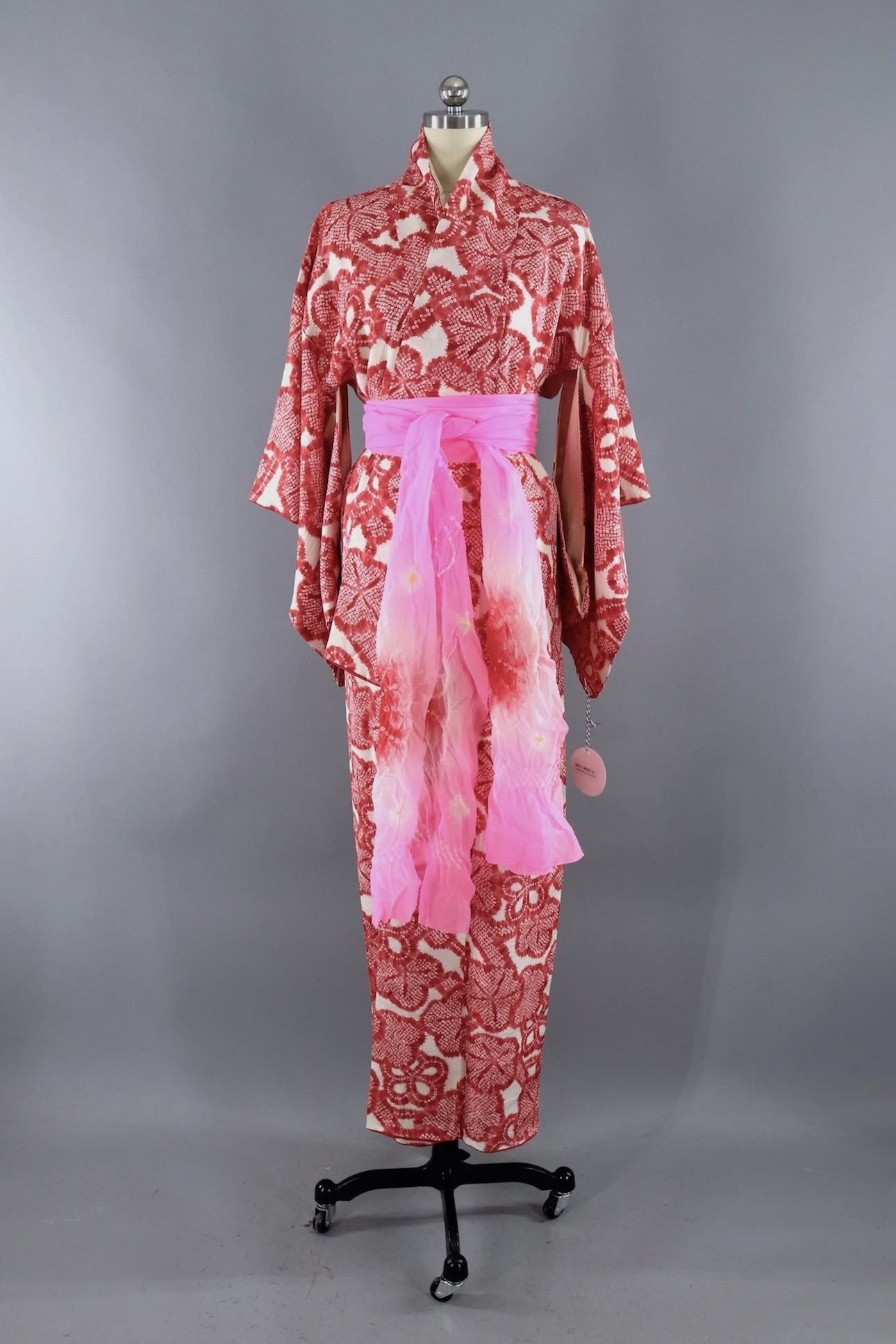 Vintage Silk Kimono Robe / Red and White Shibori Floral - ThisBlueBird