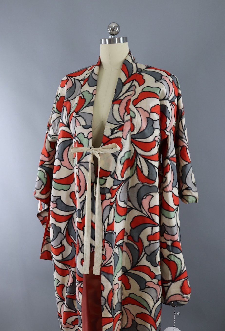 Vintage Silk Kimono Robe / Red Art Deco Ikat - ThisBlueBird
