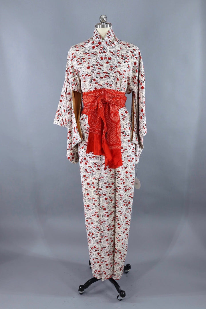 Vintage Silk Kimono Robe / Red Black and White Floral - ThisBlueBird