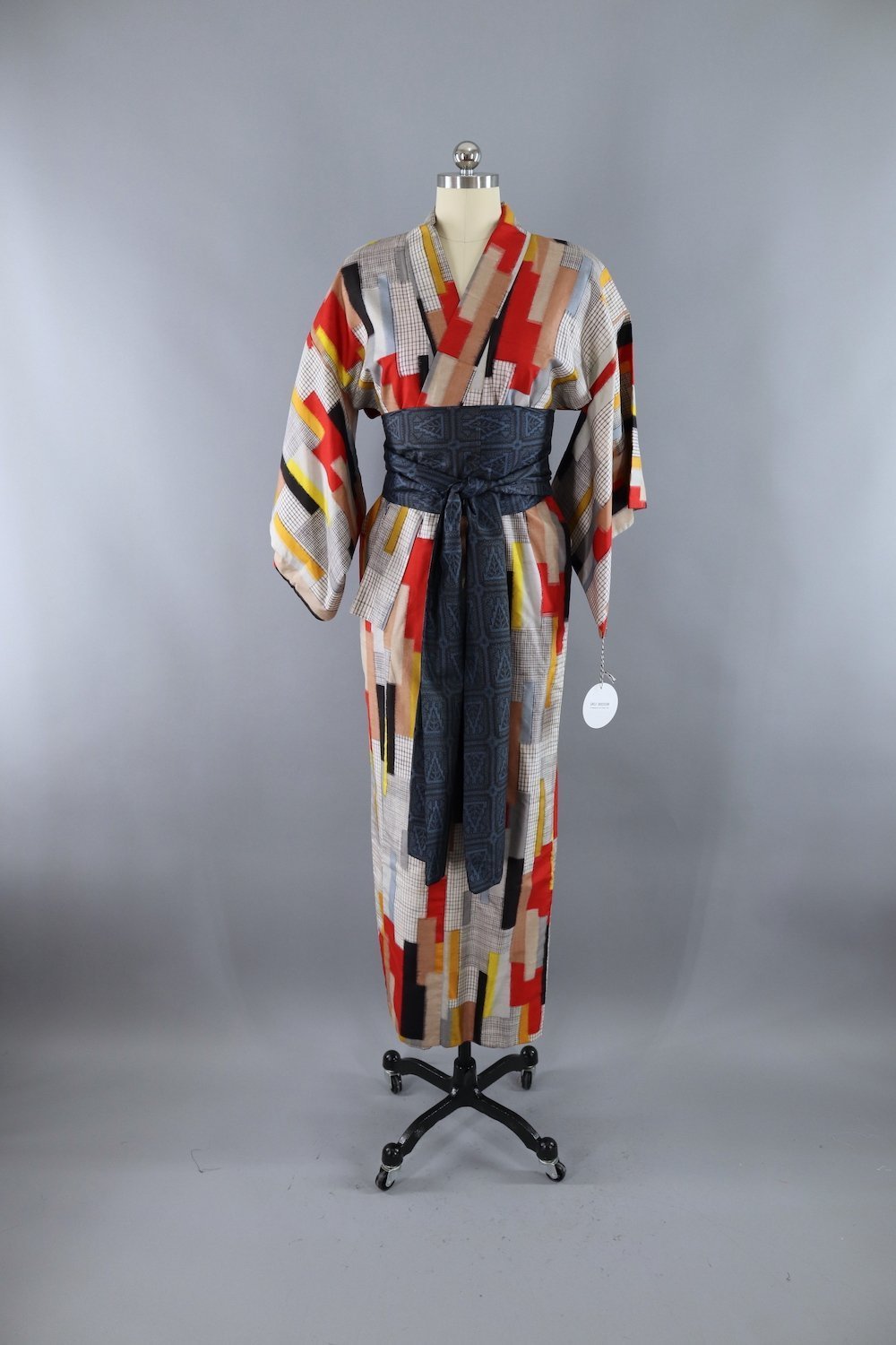Vintage Silk Kimono Robe / Red Ikat Patchwork - ThisBlueBird