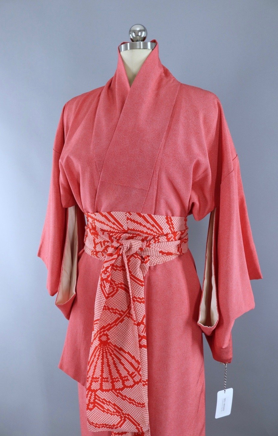 Vintage Silk Kimono Robe / Red & White Tiny Polka Dots - ThisBlueBird