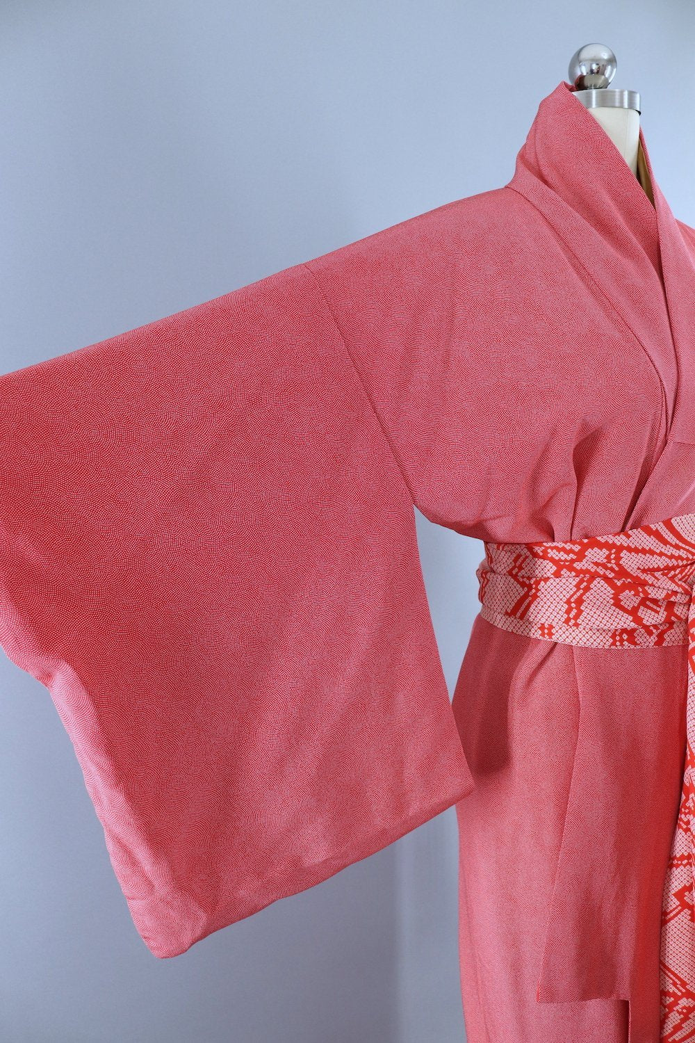 Vintage Silk Kimono Robe / Red & White Tiny Polka Dots - ThisBlueBird