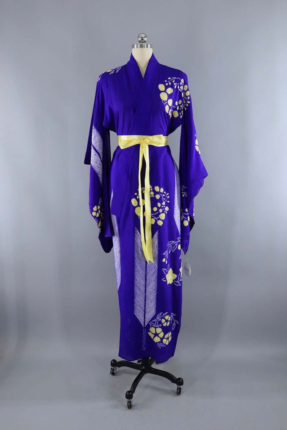 Vintage Silk Kimono Robe / Royal Blue & Yellow Floral - ThisBlueBird