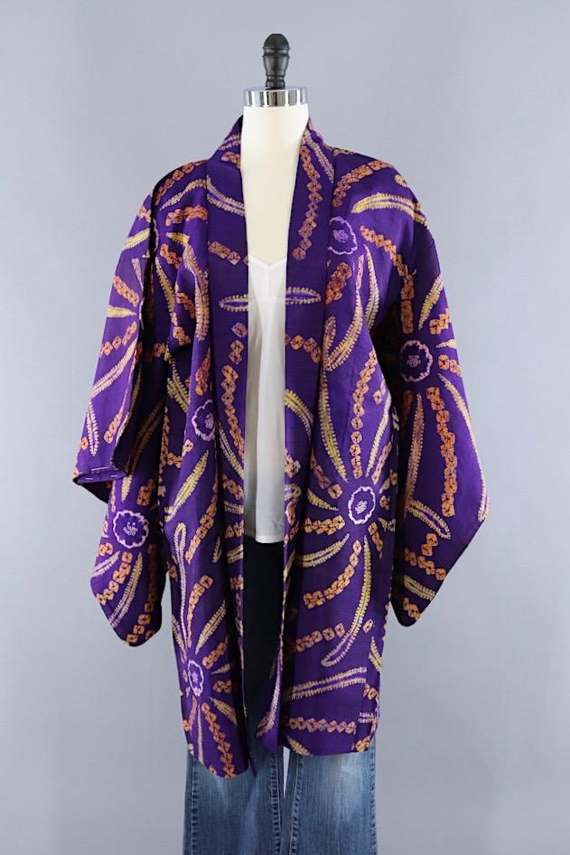 Vintage Silk Kimono Robe / Royal Purple and Gold Shibori Tie Dyed - ThisBlueBird