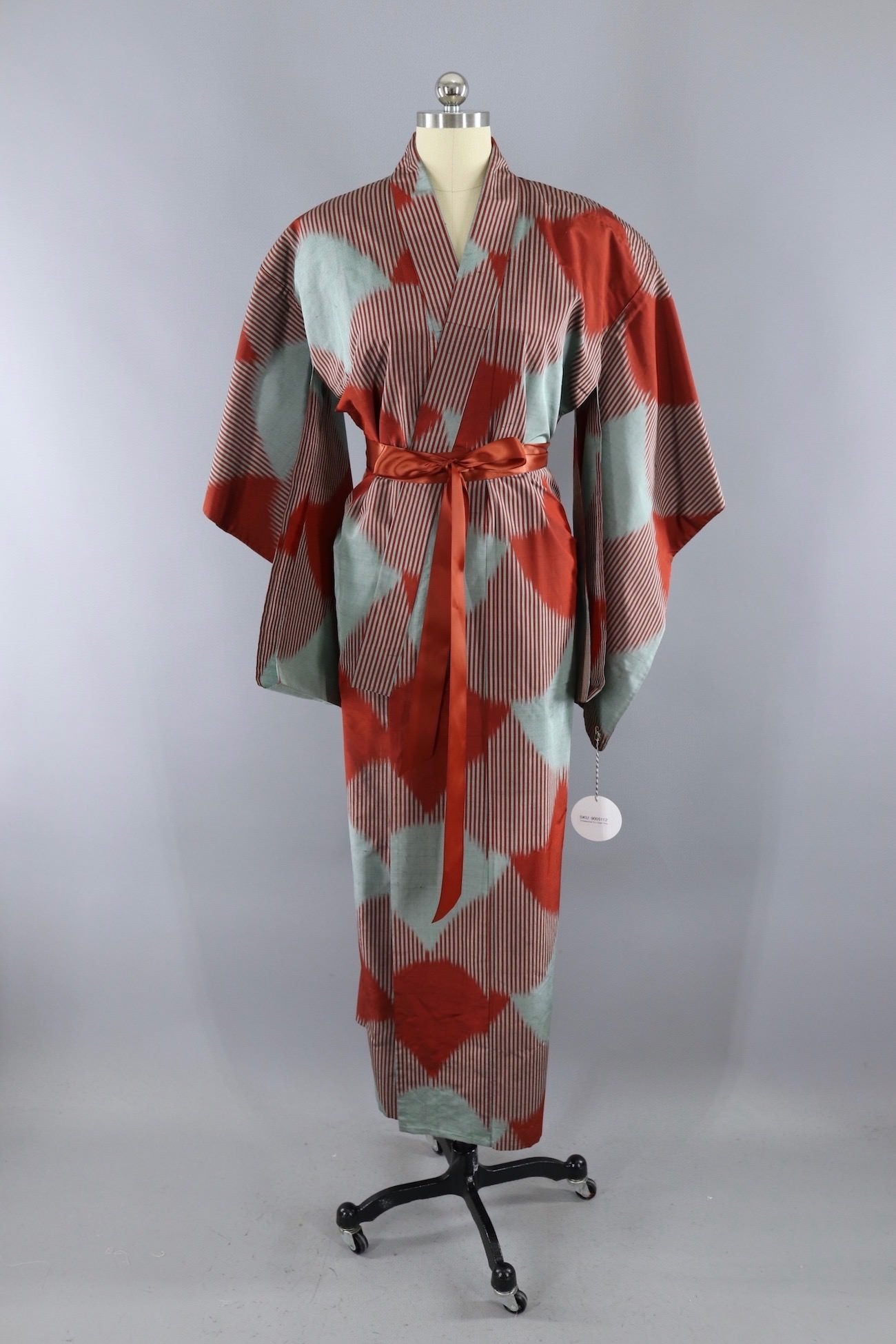 Vintage Silk Kimono Robe / Rust Red and Blue Green Ikat - ThisBlueBird