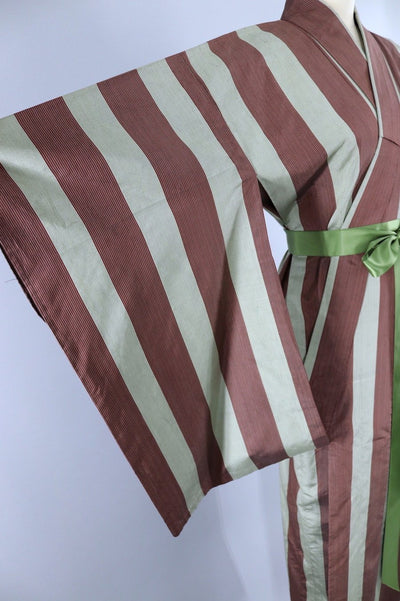 Vintage Silk Kimono Robe / Sage Green and Brown Stripes - ThisBlueBird