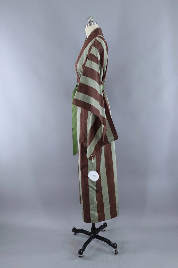 Vintage Silk Kimono Robe / Sage Green and Brown Stripes - ThisBlueBird