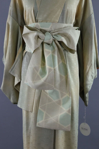 Vintage Silk Kimono Robe / Sage green and Yellow Ombre Fans - ThisBlueBird