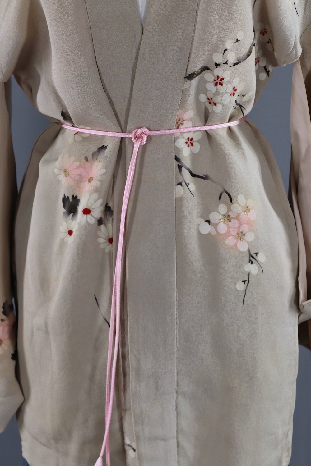 Vintage Silk Kimono Robe / Sand Pink Cherry Blossom Floral Print - ThisBlueBird