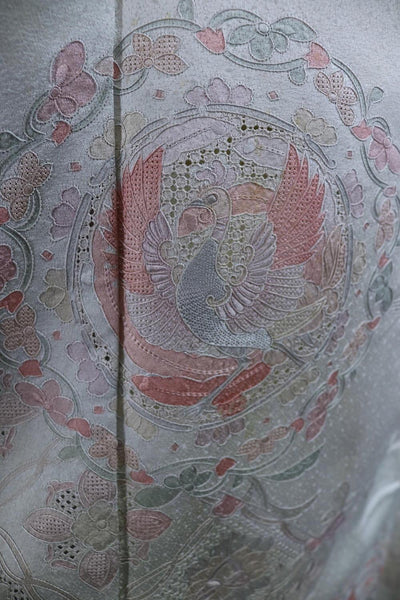 Vintage Silk Kimono Robe / Silver Sage Embroidered Peacock - ThisBlueBird