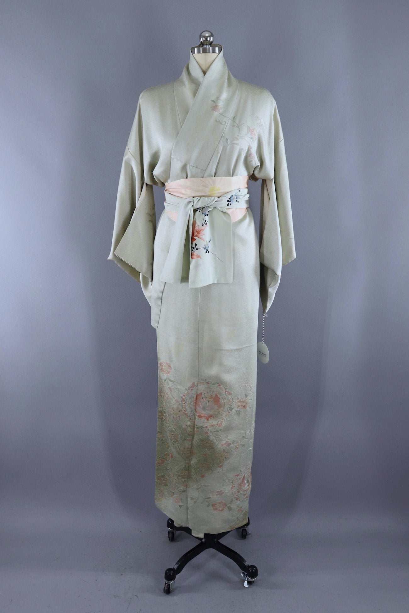 Vintage Silk Kimono Robe / Silver Sage Embroidered Peacock - ThisBlueBird