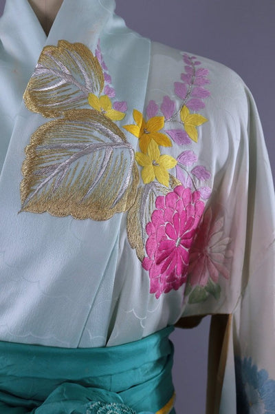 Vintage Silk Kimono Robe / Sky Blue Embroidered Floral-ThisBlueBird - Modern Vintage