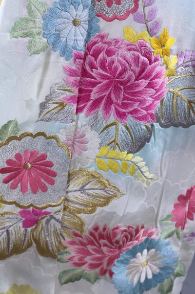 Vintage Silk Kimono Robe / Sky Blue Embroidered Floral-ThisBlueBird - Modern Vintage
