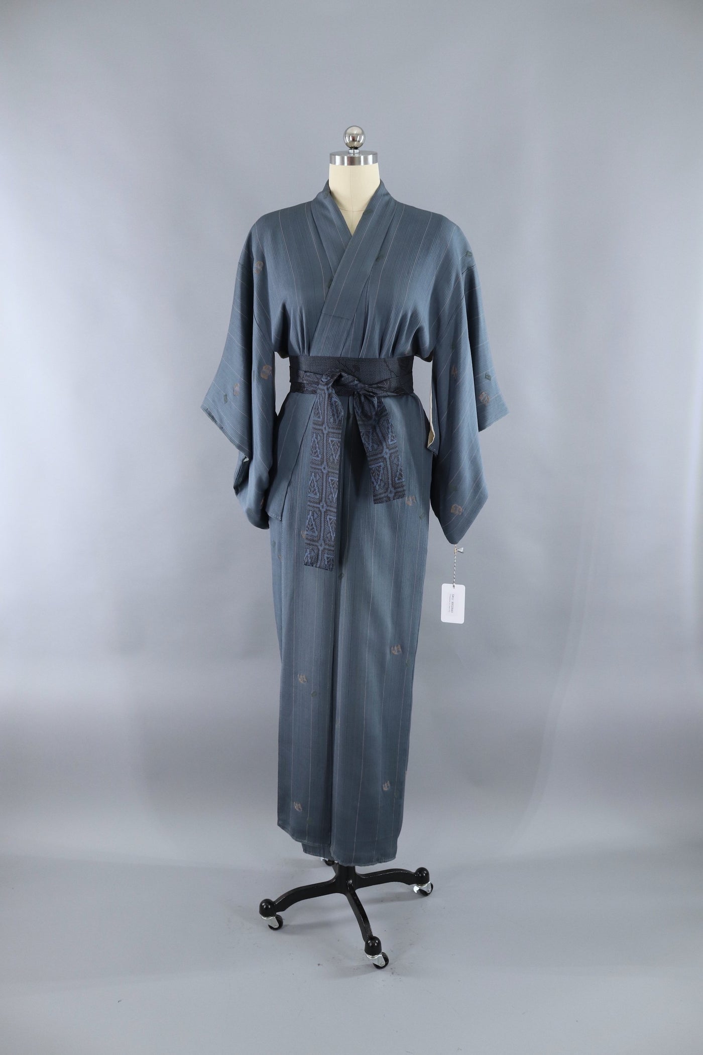 Vintage Silk Kimono Robe - Slate Blue Stripes - ThisBlueBird