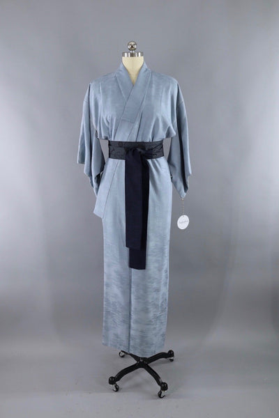 Vintage Silk Kimono Robe / Slate Blue Trees - ThisBlueBird