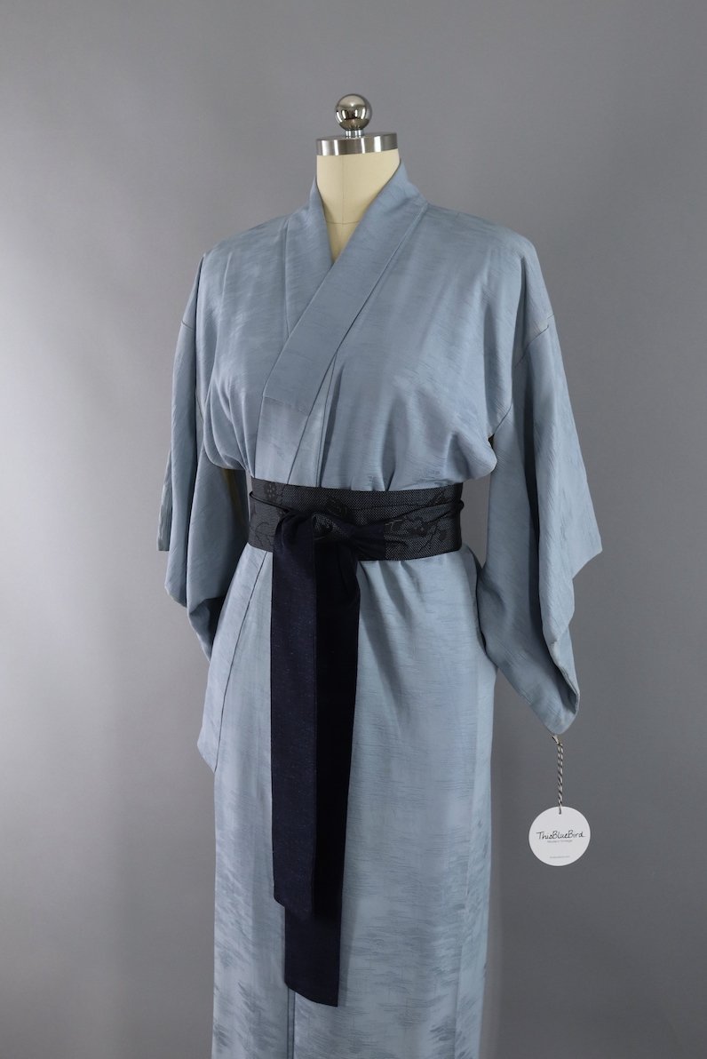 Vintage Silk Kimono Robe / Slate Blue Trees - ThisBlueBird