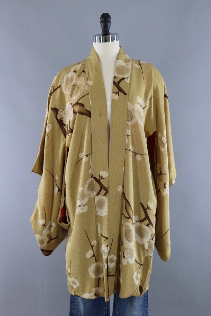 Vintage Silk Kimono Robe / Tan & White Floral - ThisBlueBird
