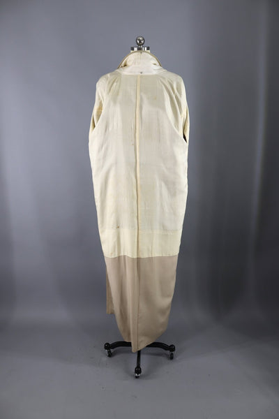 Vintage Silk Kimono Robe / Taupe and Maroon Minimalist Batik Style Floral - ThisBlueBird