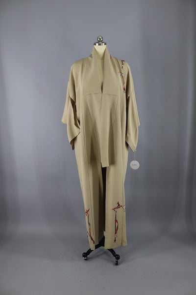 Vintage Silk Kimono Robe / Taupe and Maroon Minimalist Batik Style Floral - ThisBlueBird