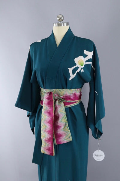 Vintage Silk Kimono Robe / Teal Green Floral - ThisBlueBird