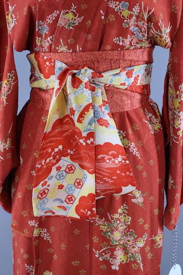 Vintage Silk Kimono Robe / Terra Cotta Floral Print - ThisBlueBird