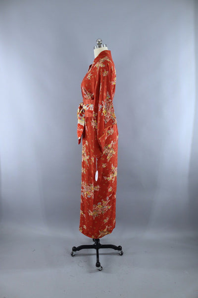 Vintage Silk Kimono Robe / Terra Cotta Floral Print - ThisBlueBird