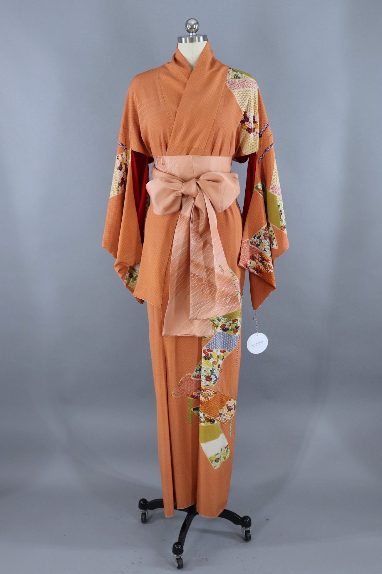 Vintage Silk Kimono Robe / Terra Cotta Green Floral - ThisBlueBird