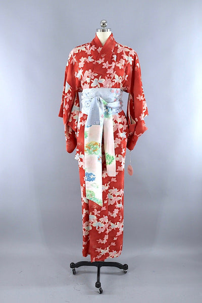 Vintage Silk Kimono Robe / Tomato Red Floral Print - ThisBlueBird