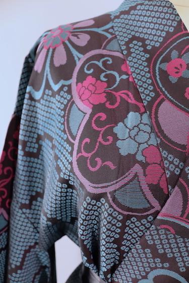 Vintage Silk Kimono Robe / Turquoise and Black Floral - ThisBlueBird