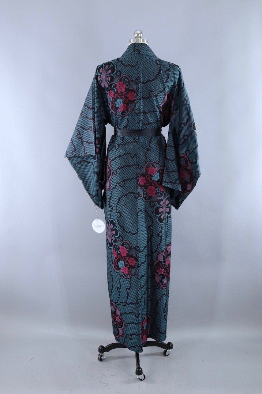 Vintage Silk Kimono Robe / Turquoise and Black Floral - ThisBlueBird