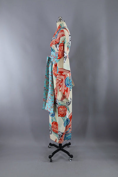 Vintage Silk Kimono Robe / White, Aqua, and Red - ThisBlueBird