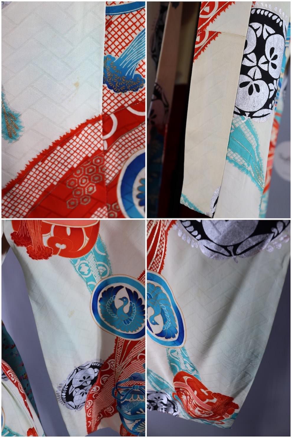 Vintage Silk Kimono Robe / White, Aqua, and Red - ThisBlueBird