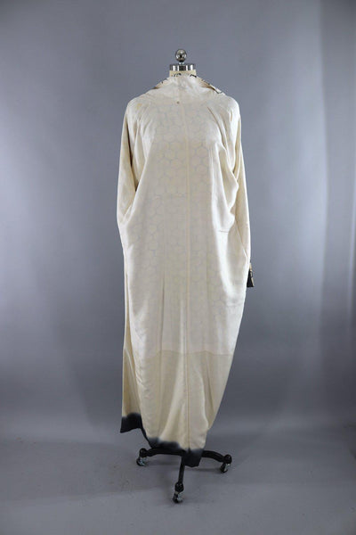 Vintage Silk Kimono Robe / White & Black Shells - ThisBlueBird