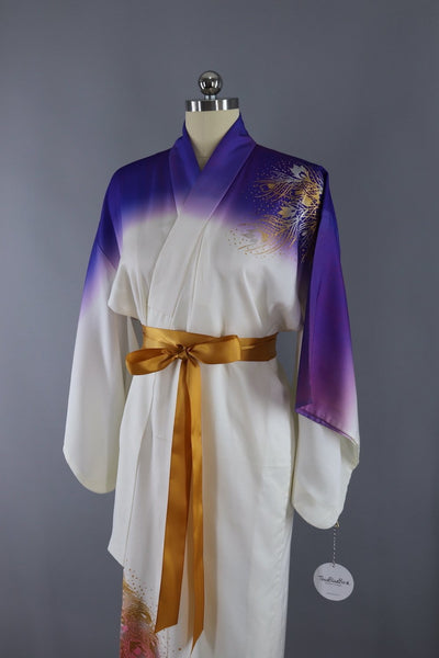 Vintage Silk Kimono Robe / White & Gold Peacock Feathers - ThisBlueBird