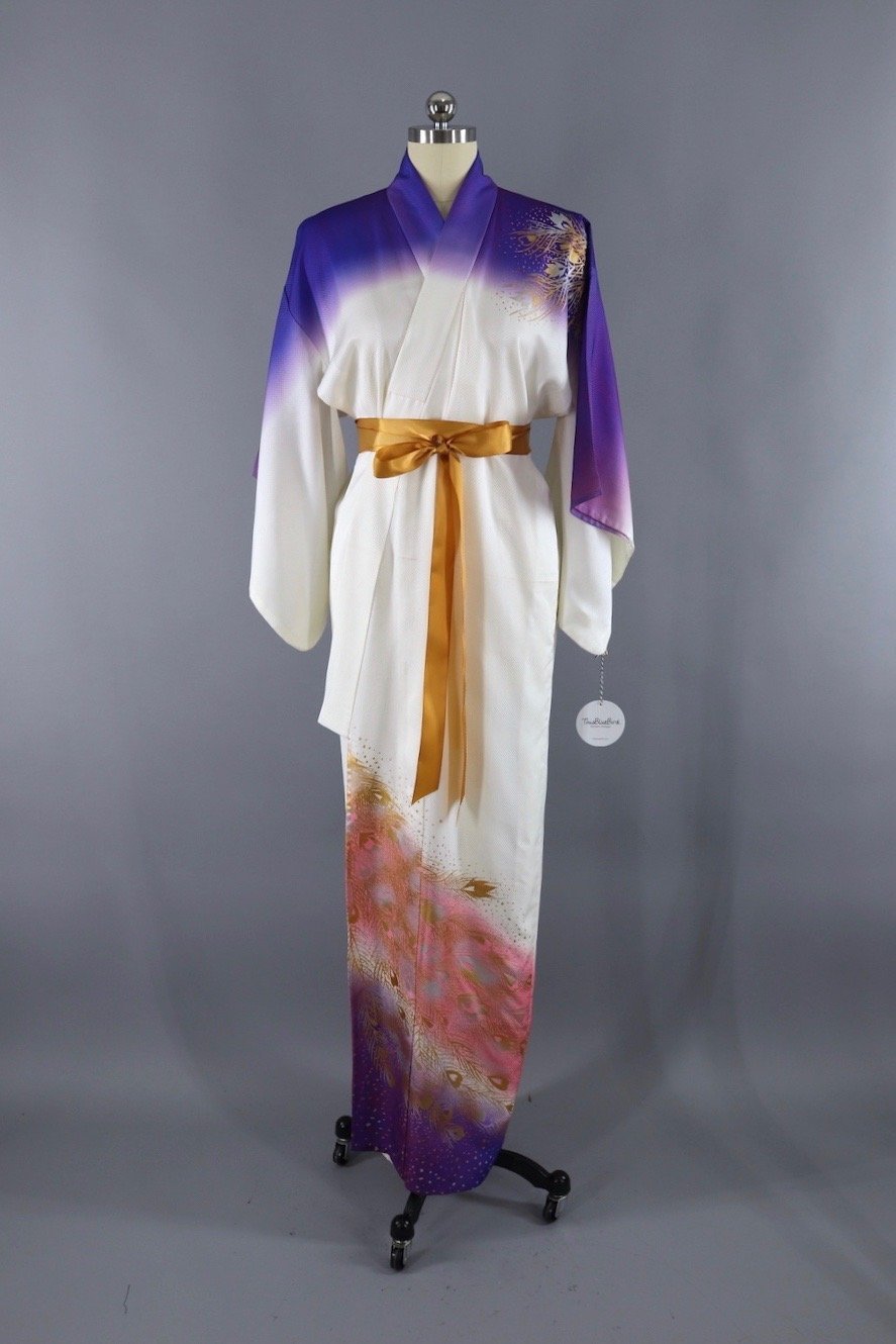 Vintage Silk Kimono Robe / White & Gold Peacock Feathers - ThisBlueBird