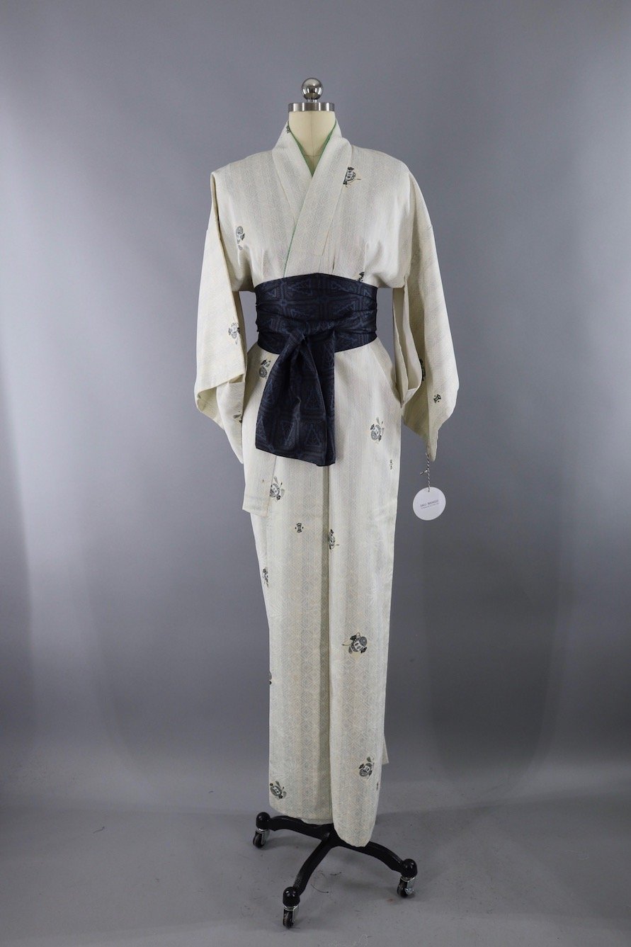 Vintage Silk Kimono Robe / White & Grey Stripes - ThisBlueBird
