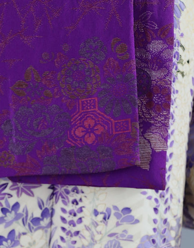 Vintage Silk Kimono Robe / White & Purple Floral - ThisBlueBird