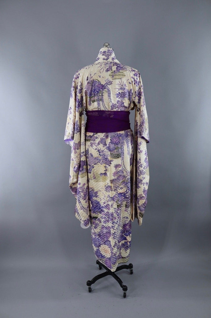 Vintage Silk Kimono Robe / White & Purple Floral - ThisBlueBird