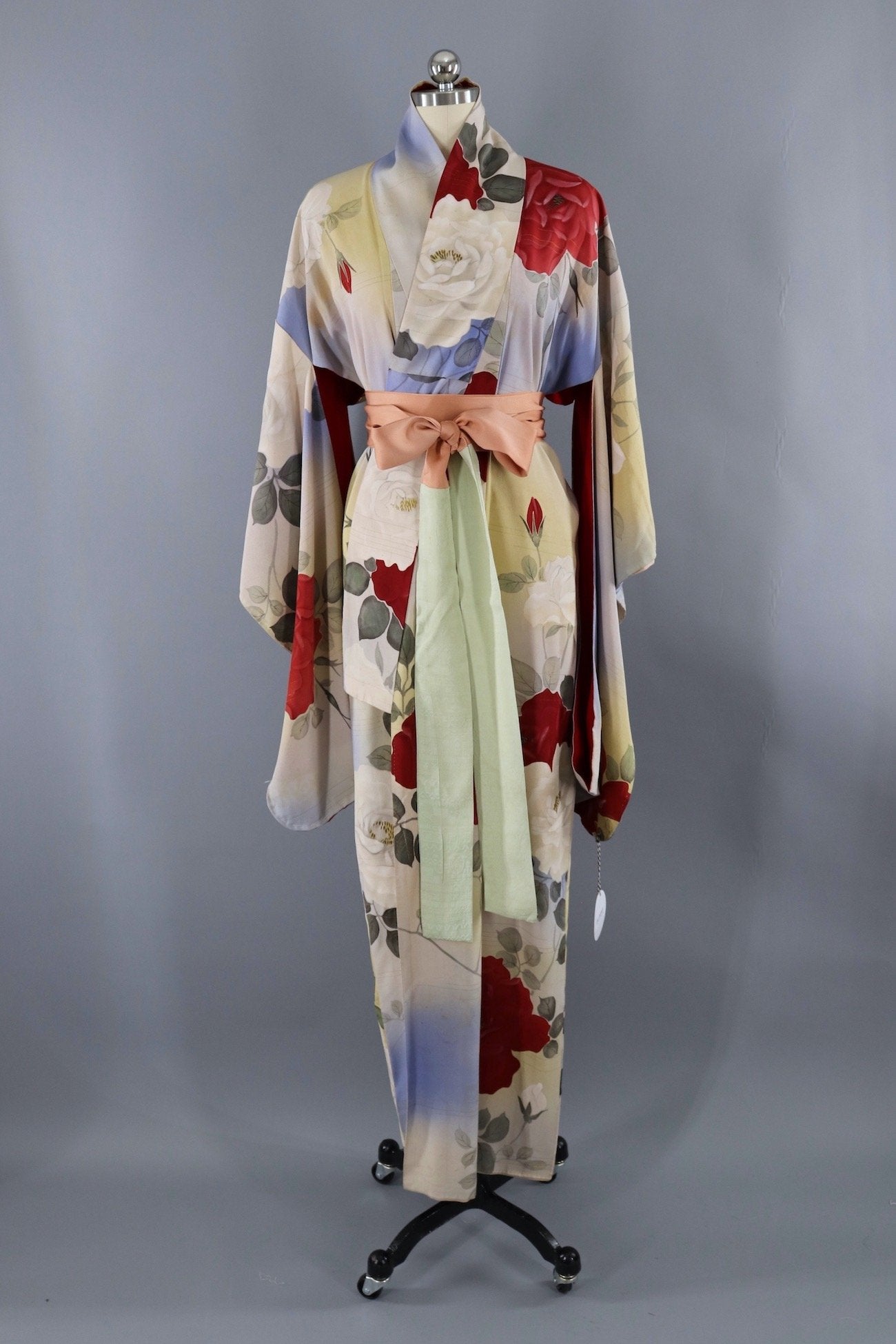 Vintage Silk Kimono Robe / Yellow and Blue Roses-ThisBlueBird - Modern Vintage