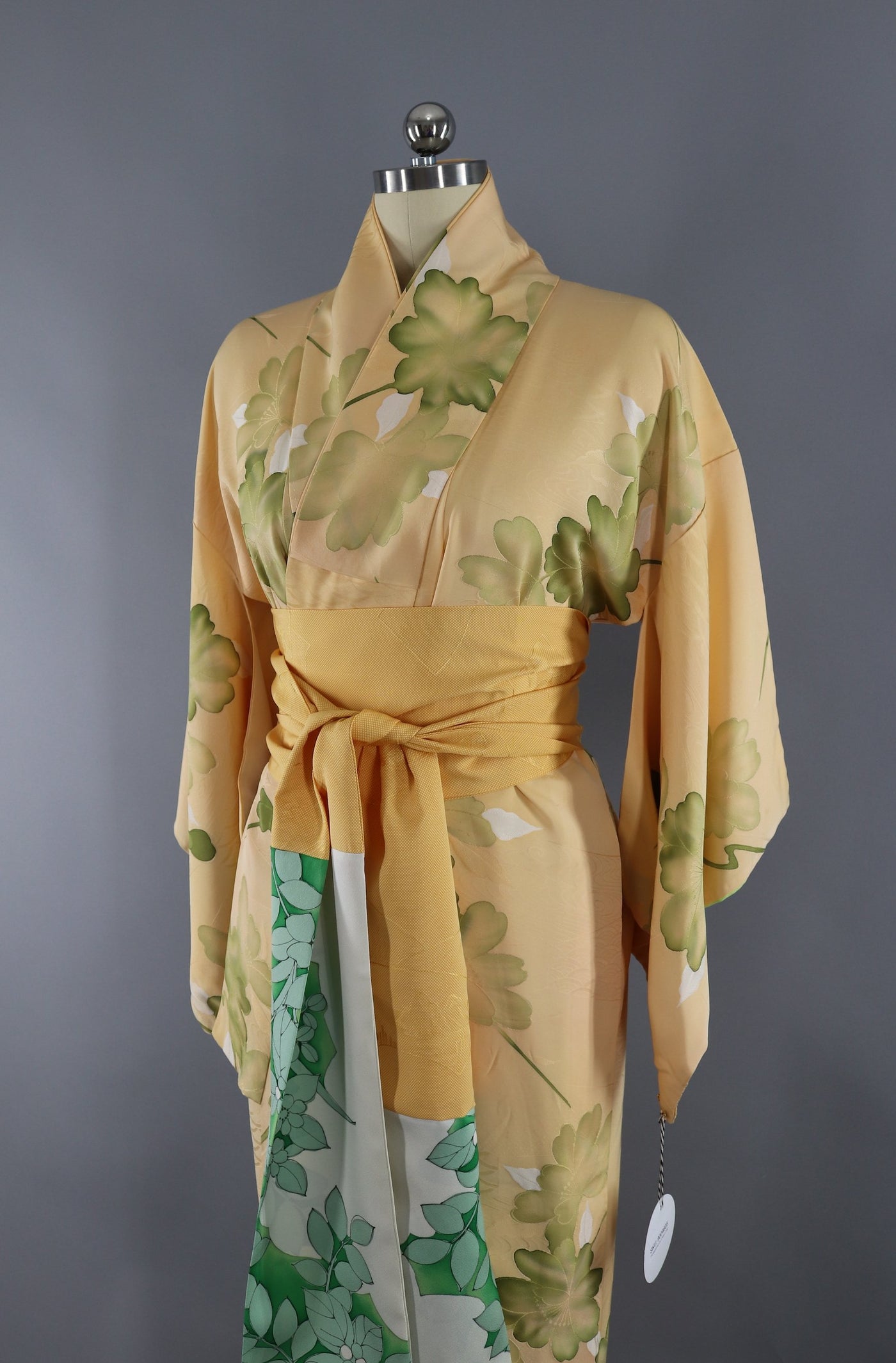 Vintage Silk Kimono Robe / Yellow and Green Floral Leaf Print - ThisBlueBird