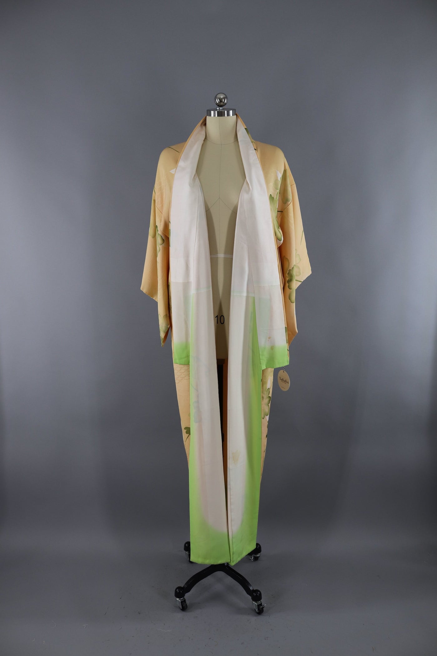 Vintage Silk Kimono Robe / Yellow and Green Floral Leaf Print - ThisBlueBird