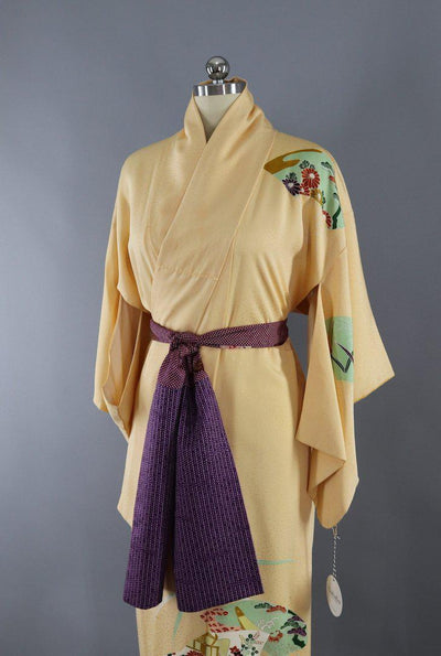 Vintage Silk Kimono Robe / Yellow Floral Fans - ThisBlueBird