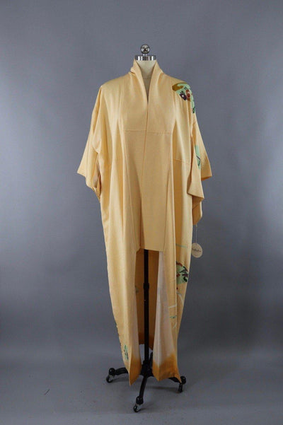 Vintage Silk Kimono Robe / Yellow Floral Fans - ThisBlueBird