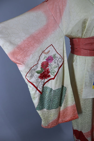 Vintage Silk Kimono Robe - Yellow Green with Pink Floral Embroidery - ThisBlueBird