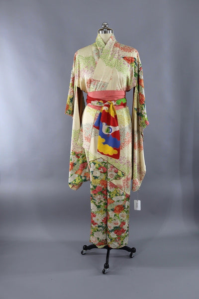 Vintage Silk Kimono Robe - Yellow Ivory Floral Print - ThisBlueBird