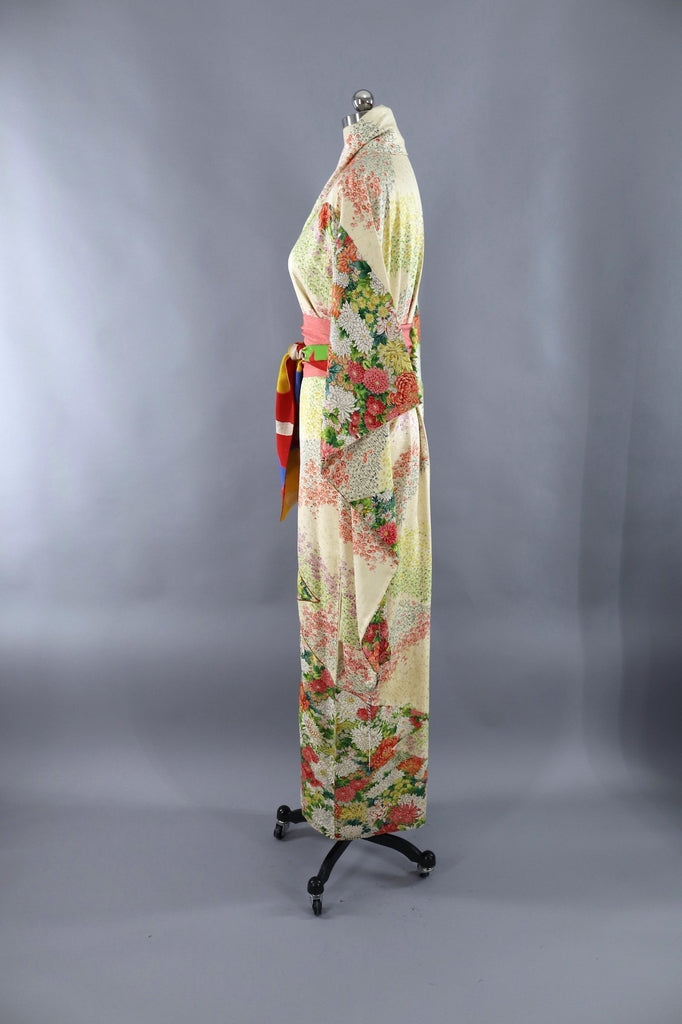 Vintage Silk Kimono Robe - Yellow Ivory Floral Print - ThisBlueBird